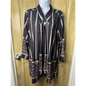 Ali Miles Abstrac Print Long Sleeve Tunic Top Blouse Loop Scarf  Black Tan 1X